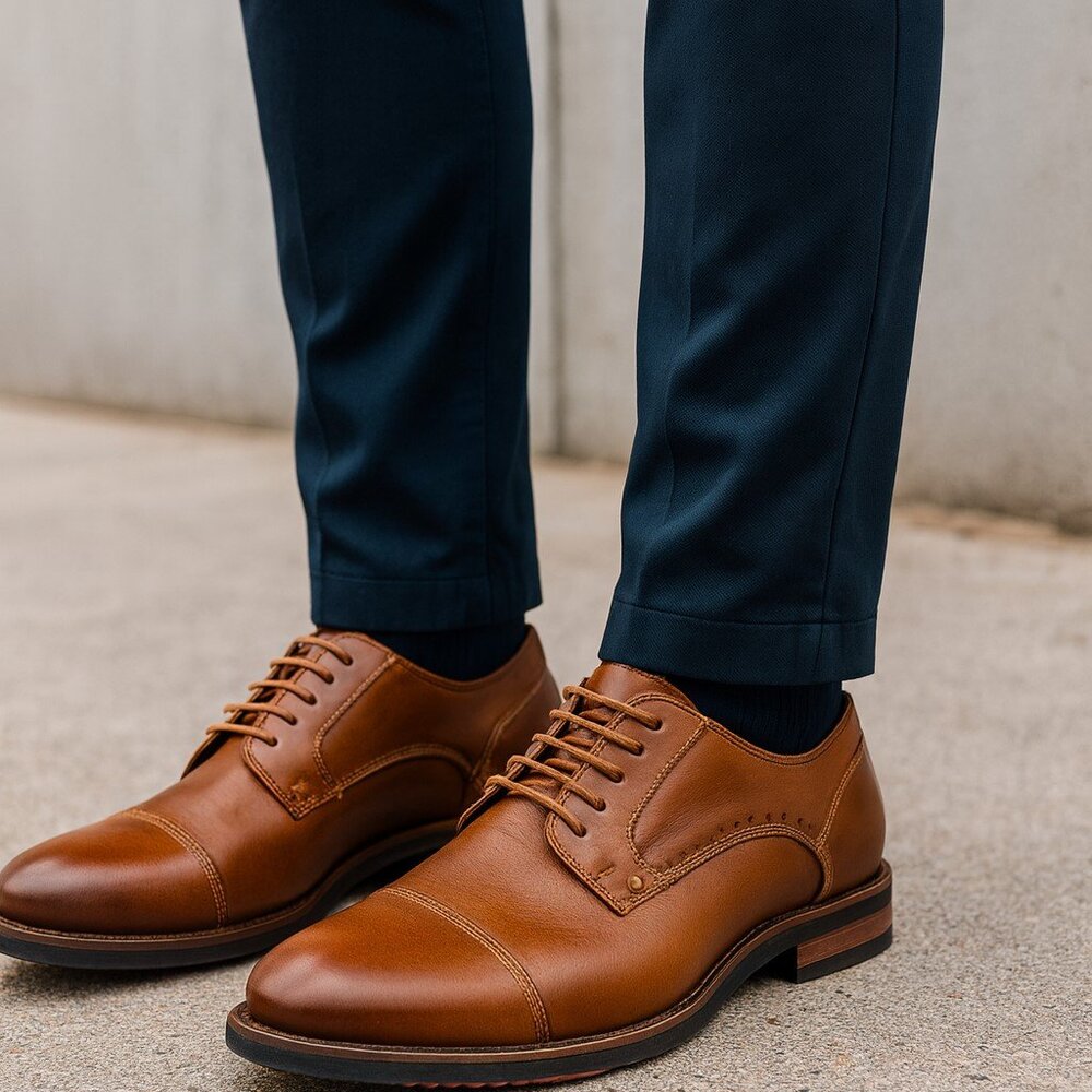 Steve Madden P-Notion Men’s Dark Tan Leather Lace-Up Derby Shoe NWOB - Picture 1 of 10
